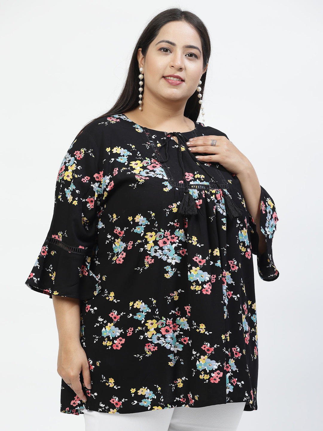 Plus Size Floral Print Bell Sleeve Top