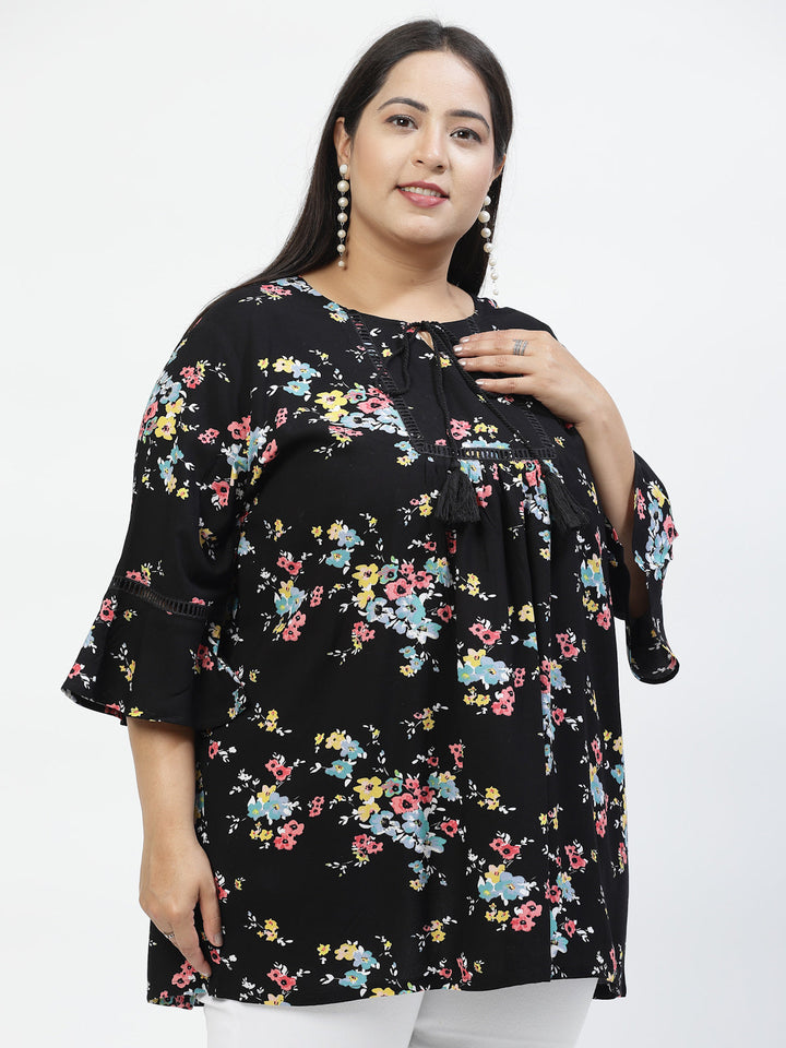 Plus Size Floral Print Bell Sleeve Top