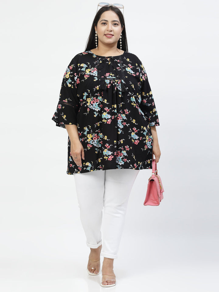 Plus Size Floral Print Bell Sleeve Top