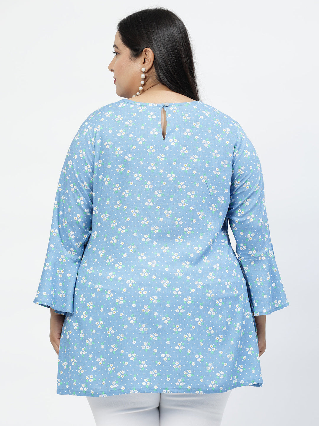 Plus Size Floral Print Bell Sleeve Longline Top