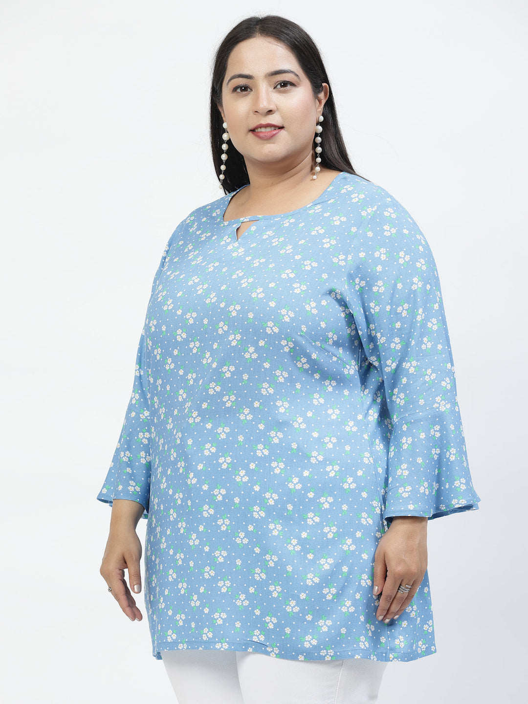 Plus Size Floral Print Bell Sleeve Longline Top