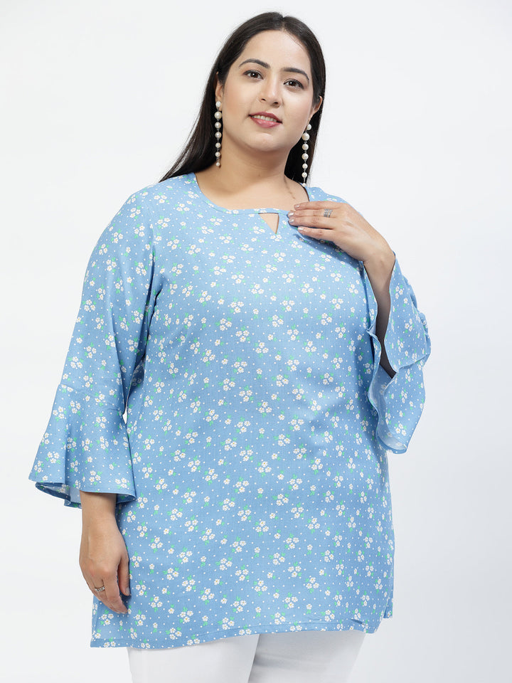 Plus Size Floral Print Bell Sleeve Longline Top