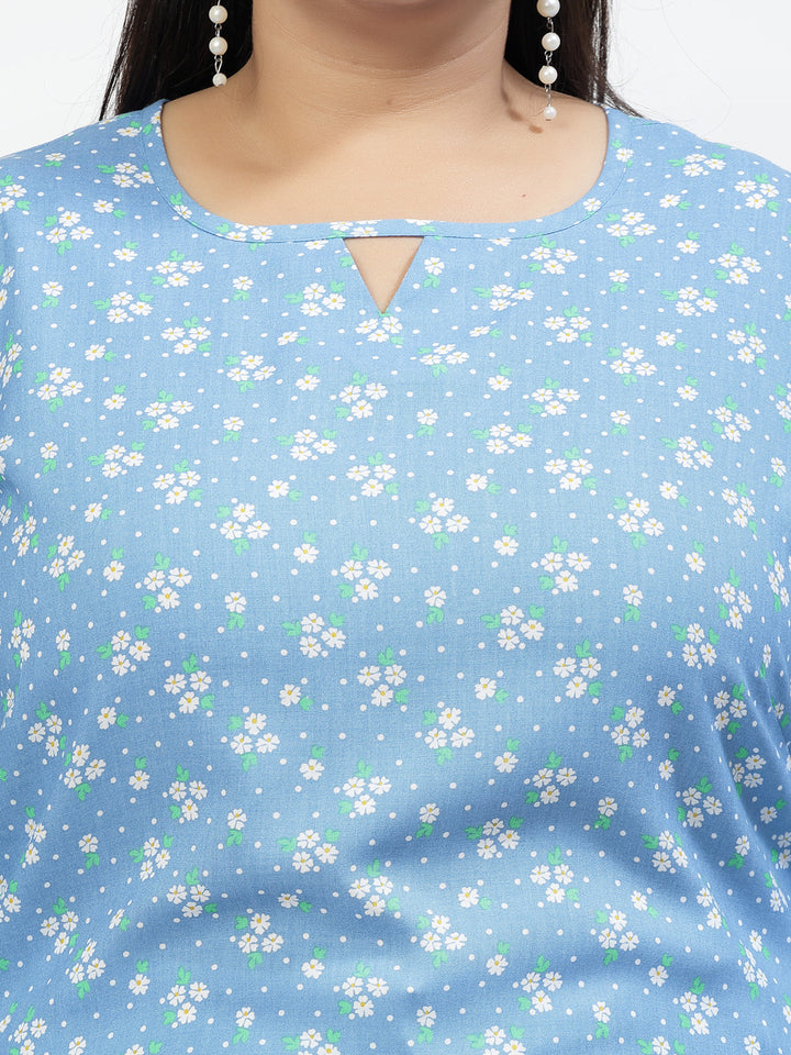 Plus Size Floral Print Bell Sleeve Longline Top