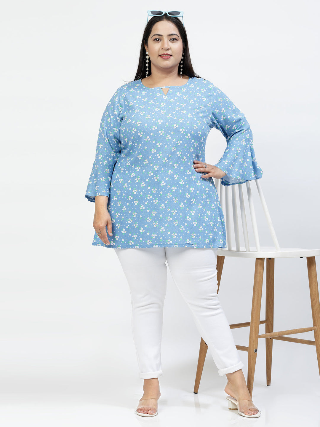 Plus Size Floral Print Bell Sleeve Longline Top