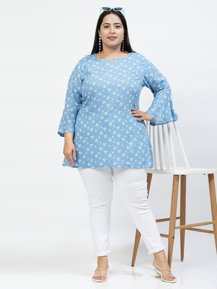 Plus Size Floral Print Bell Sleeve Longline Top
