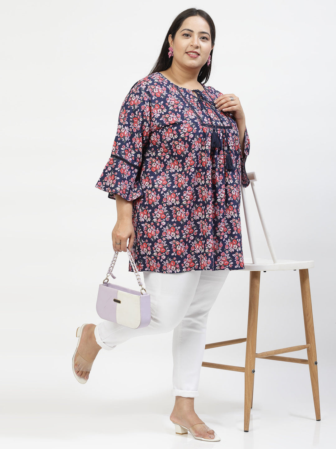Plus Size Floral Print Tie-Up Neck Bell Sleeve Top
