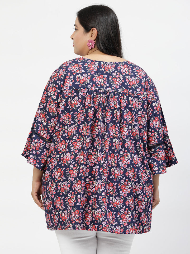 Plus Size Floral Print Tie-Up Neck Bell Sleeve Top