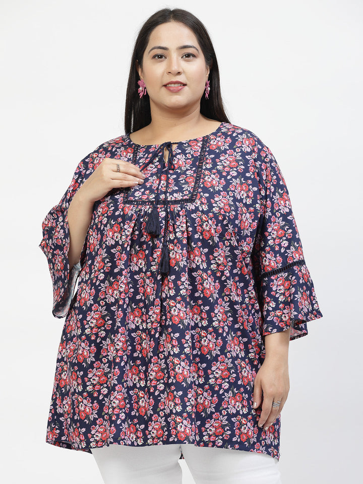 Plus Size Floral Print Tie-Up Neck Bell Sleeve Top