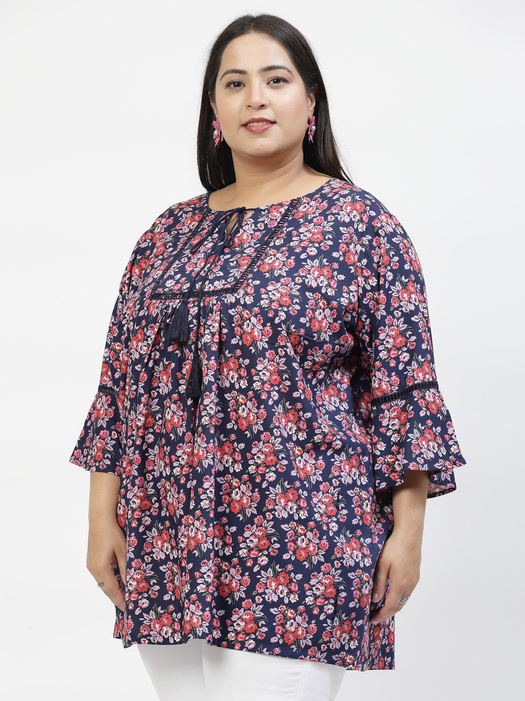 Plus Size Floral Print Tie-Up Neck Bell Sleeve Top