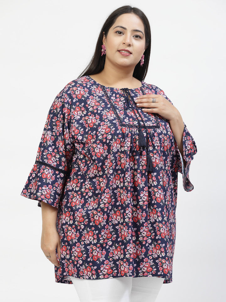 Plus Size Floral Print Tie-Up Neck Bell Sleeve Top