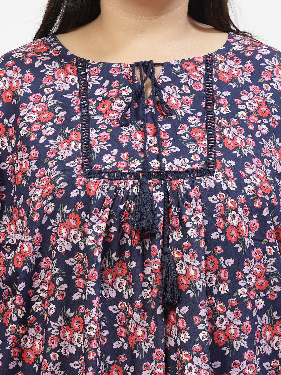 Plus Size Floral Print Tie-Up Neck Bell Sleeve Top