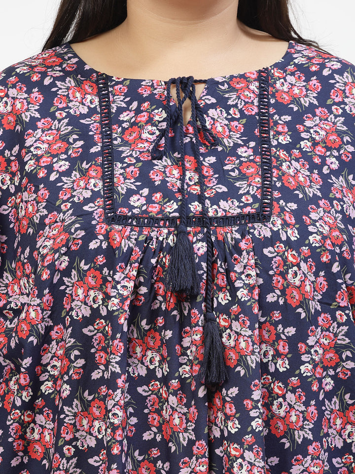 Plus Size Floral Print Tie-Up Neck Bell Sleeve Top