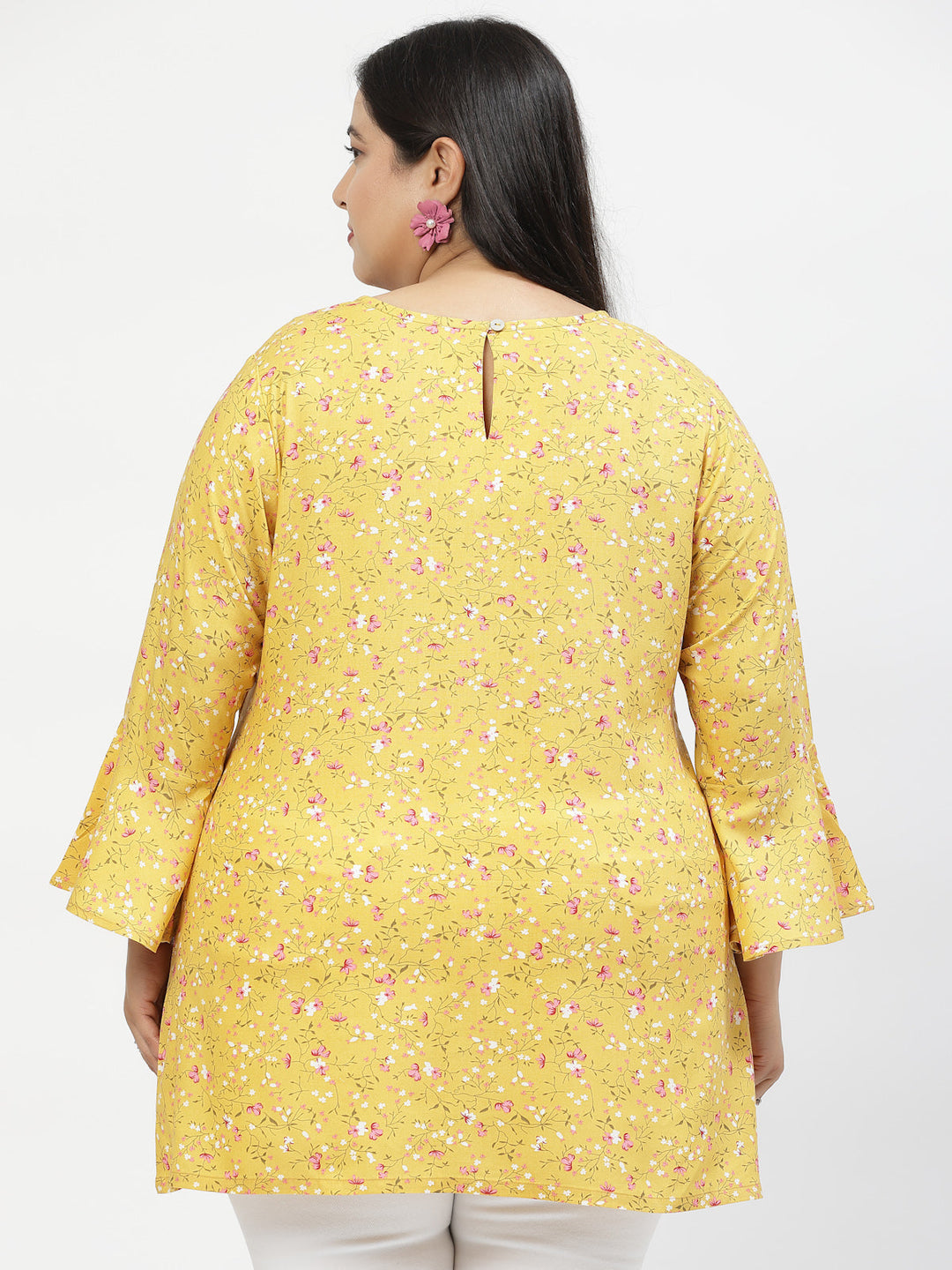 Plus Size Floral Print Flared Sleeve Longline Top