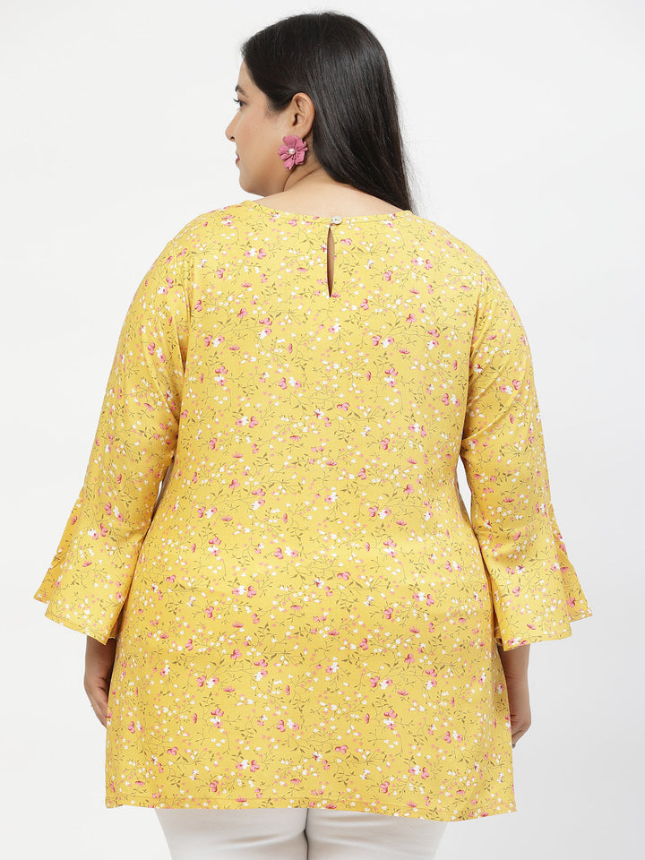 Plus Size Floral Print Flared Sleeve Longline Top