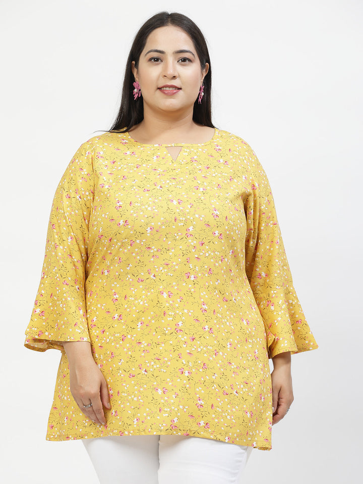 Plus Size Floral Print Flared Sleeve Longline Top