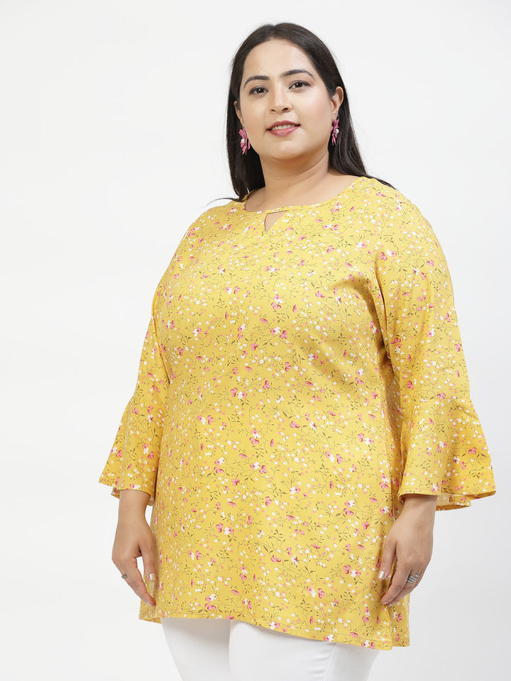 Plus Size Floral Print Flared Sleeve Longline Top