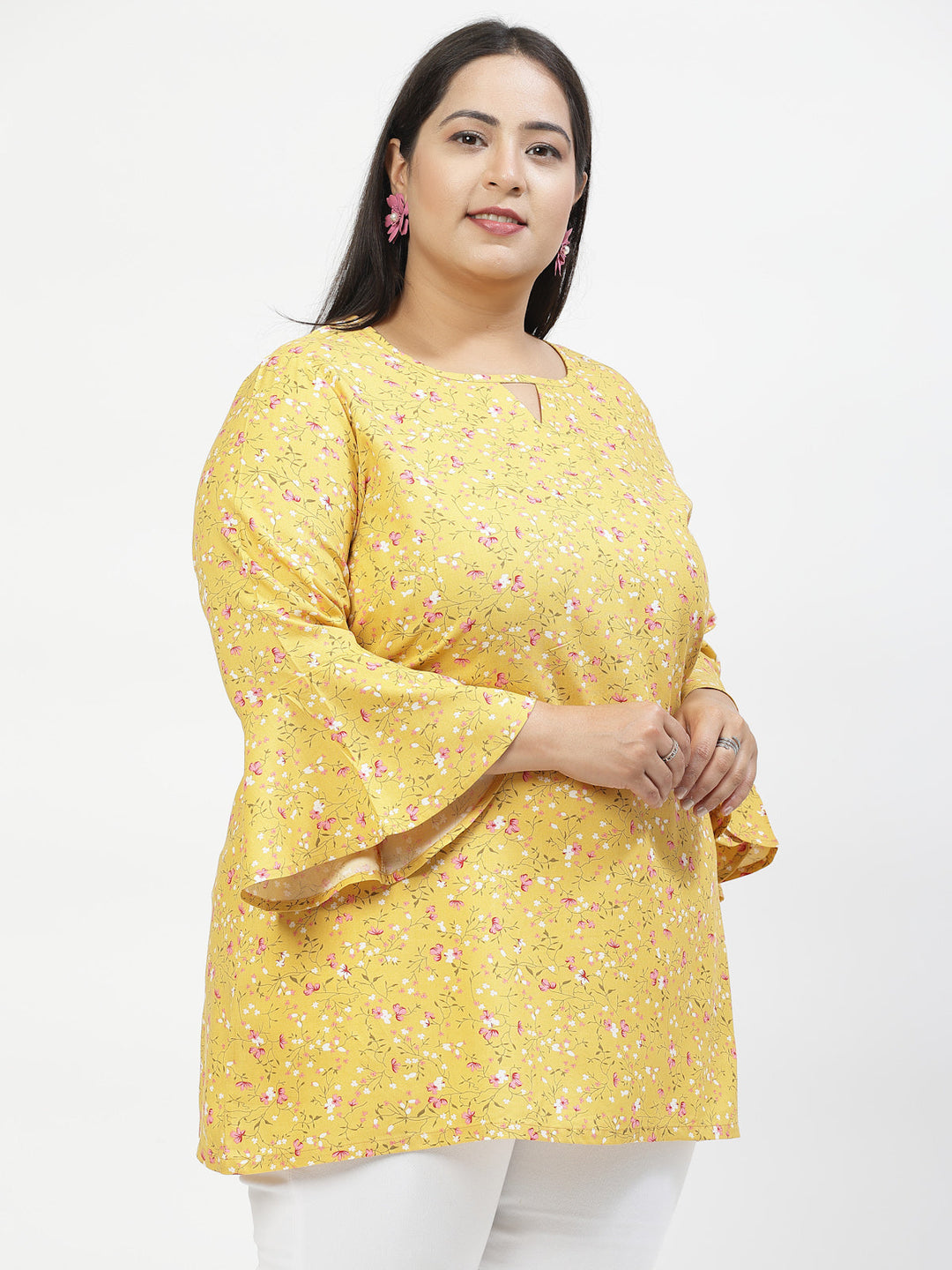Plus Size Floral Print Flared Sleeve Longline Top
