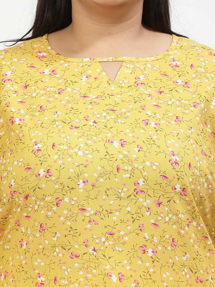 Plus Size Floral Print Flared Sleeve Longline Top