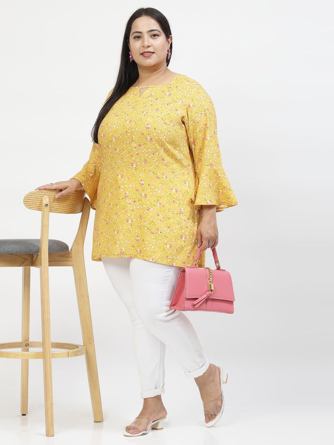 Plus Size Floral Print Flared Sleeve Longline Top
