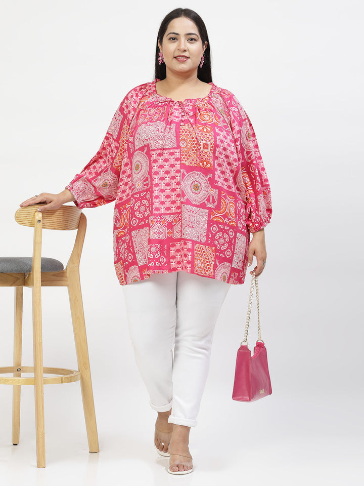 Plus Size  Floral Print Tie-Up Neck Top