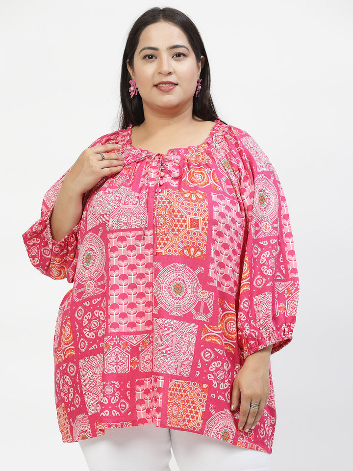 Plus Size  Floral Print Tie-Up Neck Top