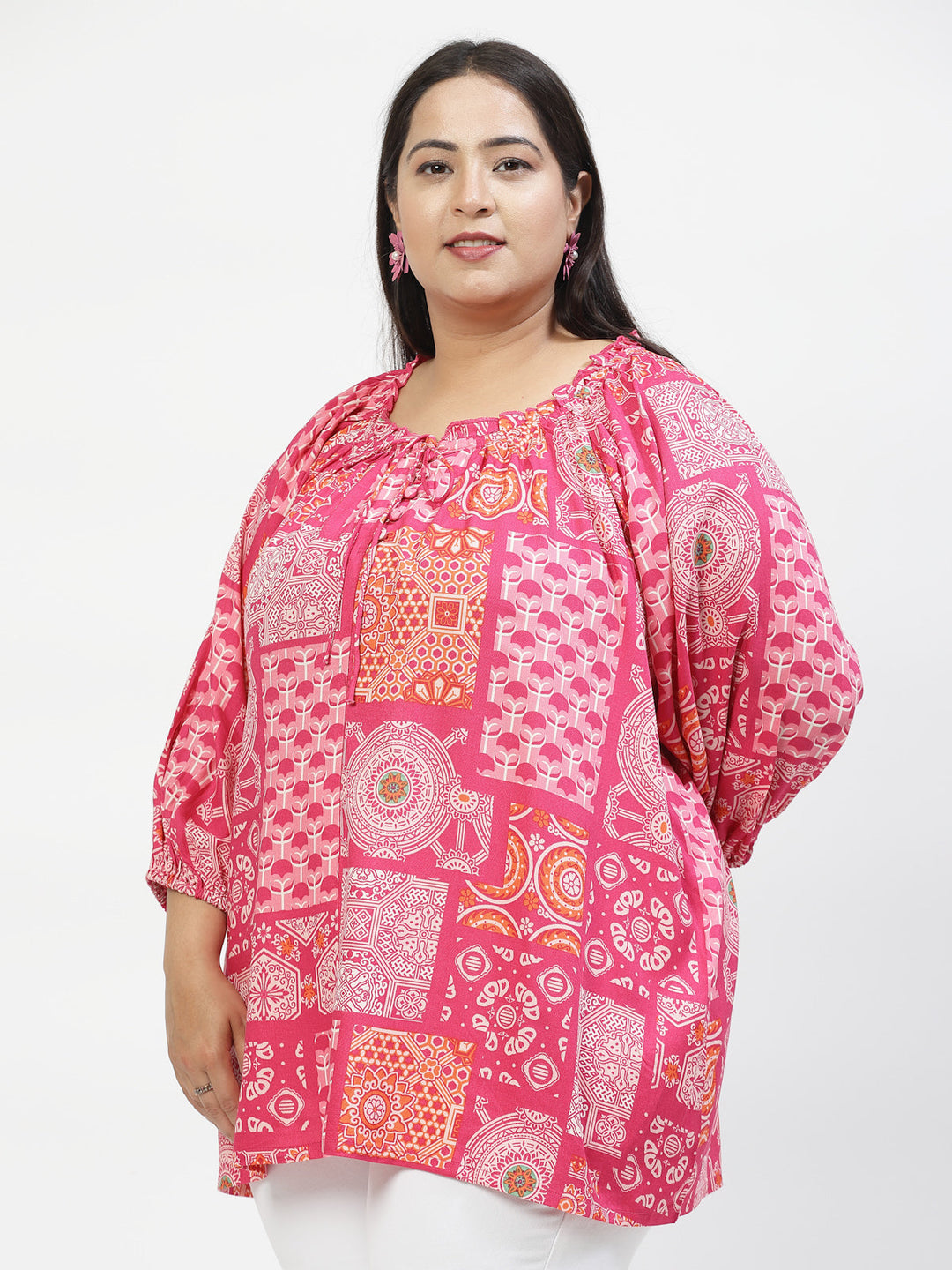 Plus Size  Floral Print Tie-Up Neck Top