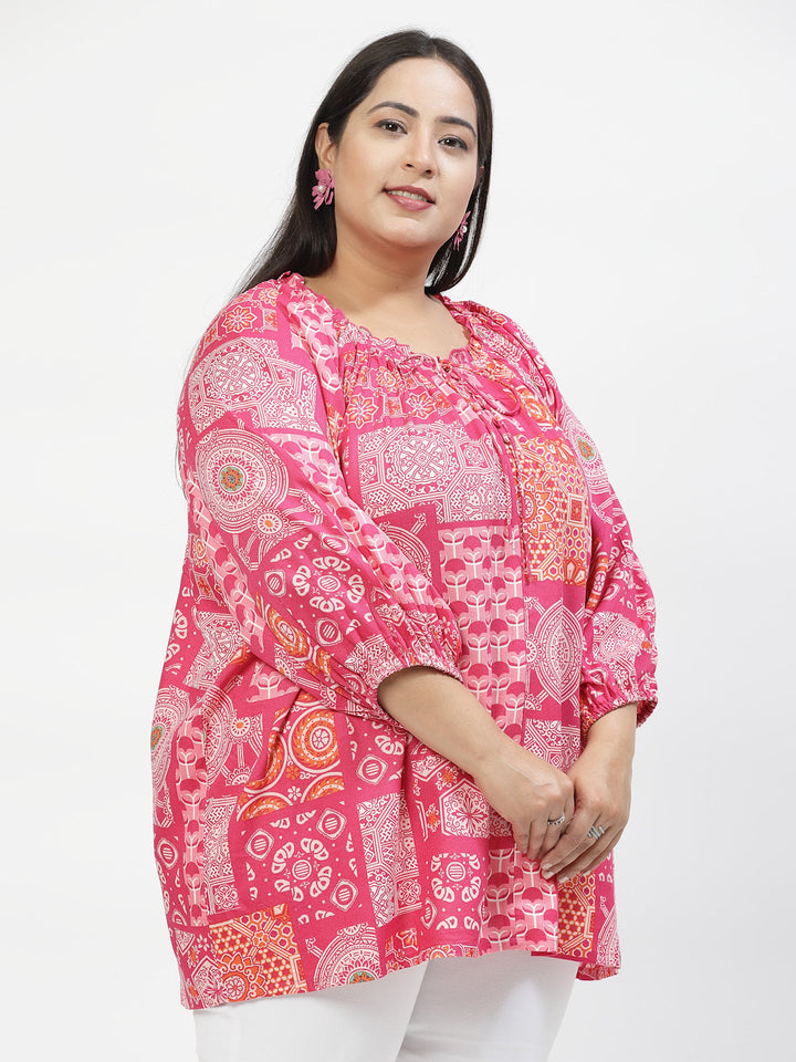 Plus Size  Floral Print Tie-Up Neck Top
