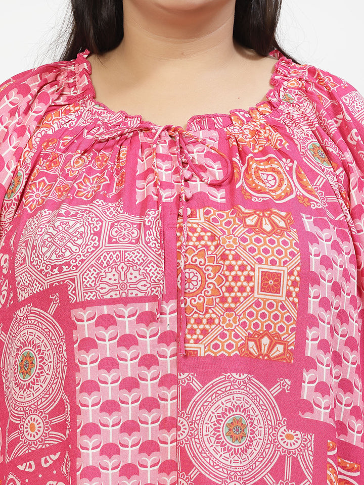 Plus Size  Floral Print Tie-Up Neck Top