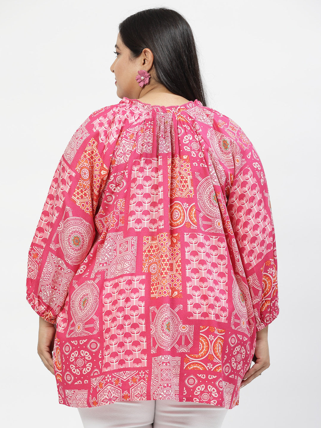 Plus Size  Floral Print Tie-Up Neck Top