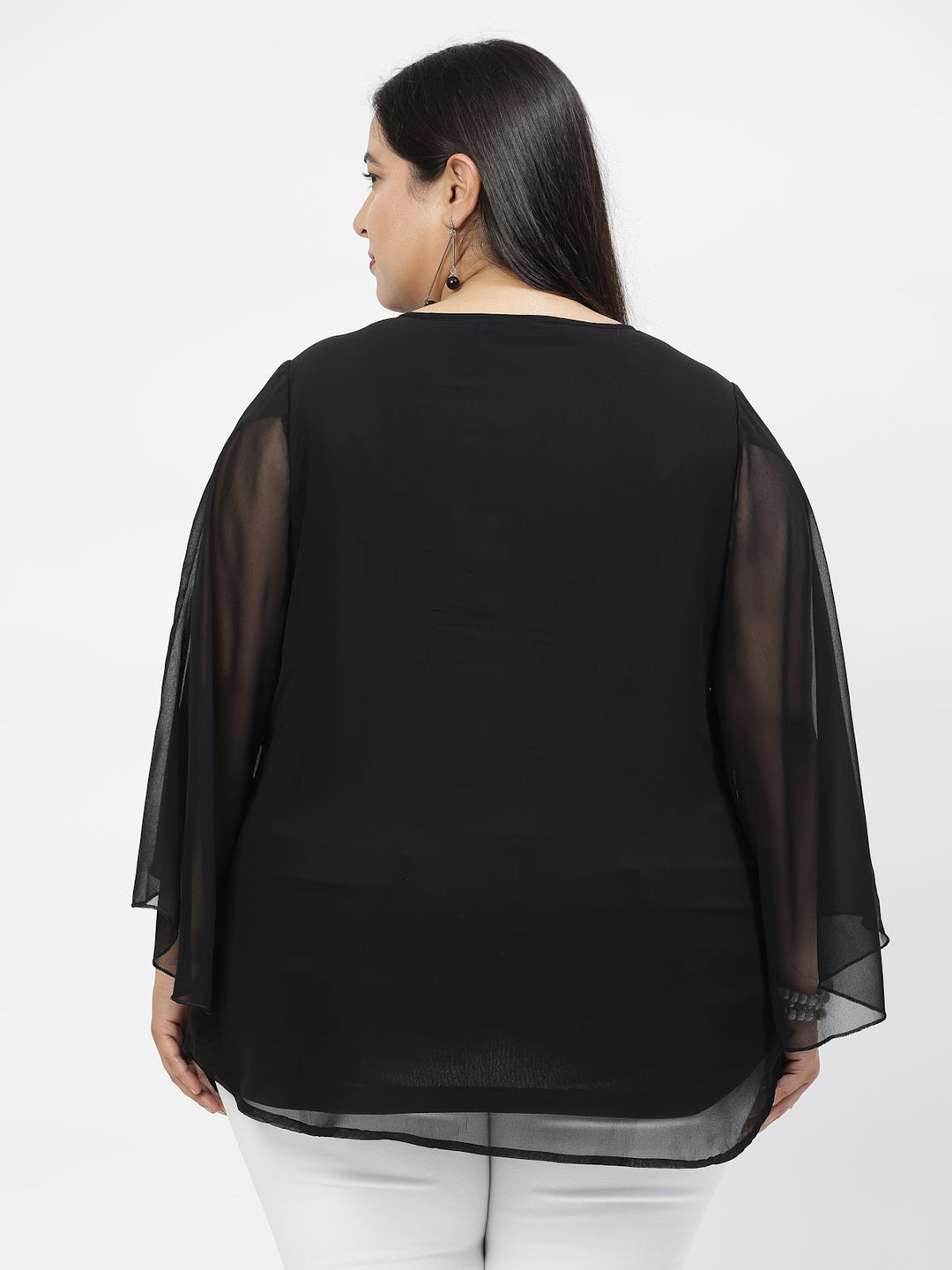 Plus Size Black  Mandarin Collar Long Sleeves Longline Tops