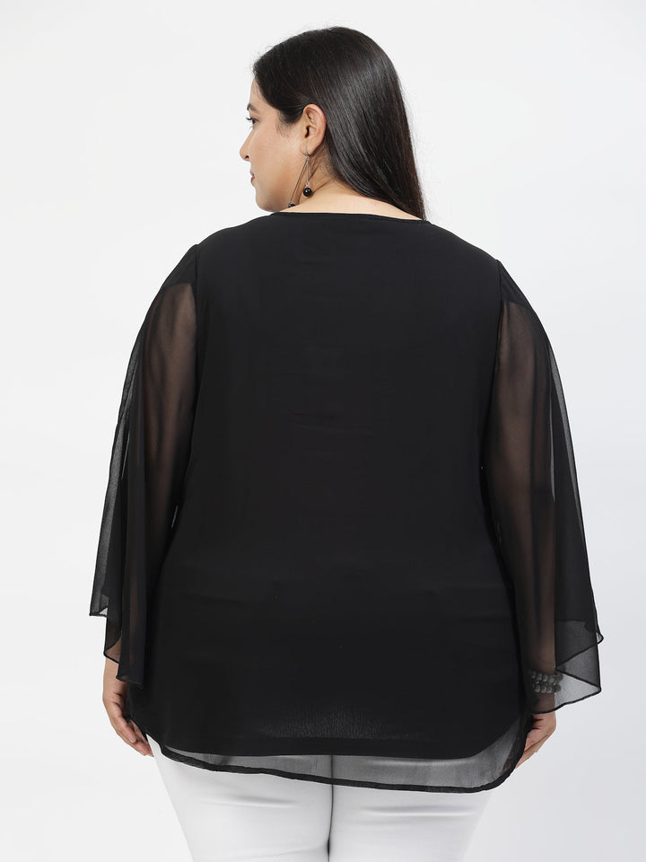 Plus Size Black  Mandarin Collar Long Sleeves Longline Tops