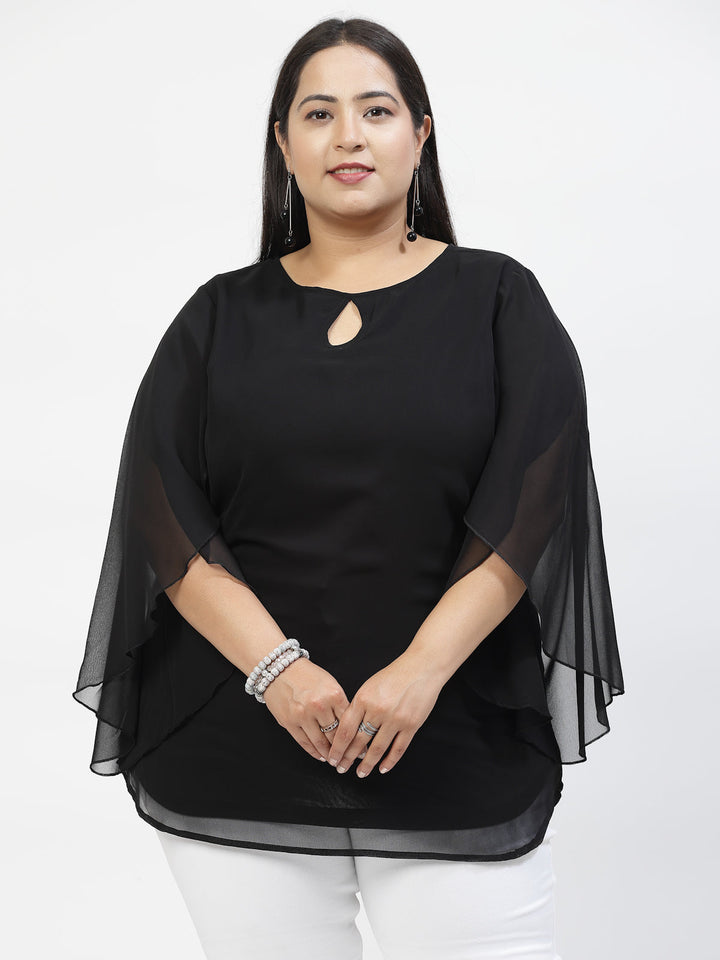 Plus Size Black  Mandarin Collar Long Sleeves Longline Tops