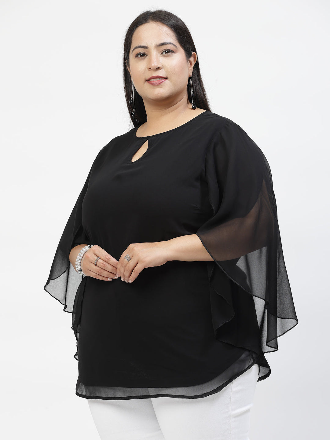 Plus Size Black  Mandarin Collar Long Sleeves Longline Tops
