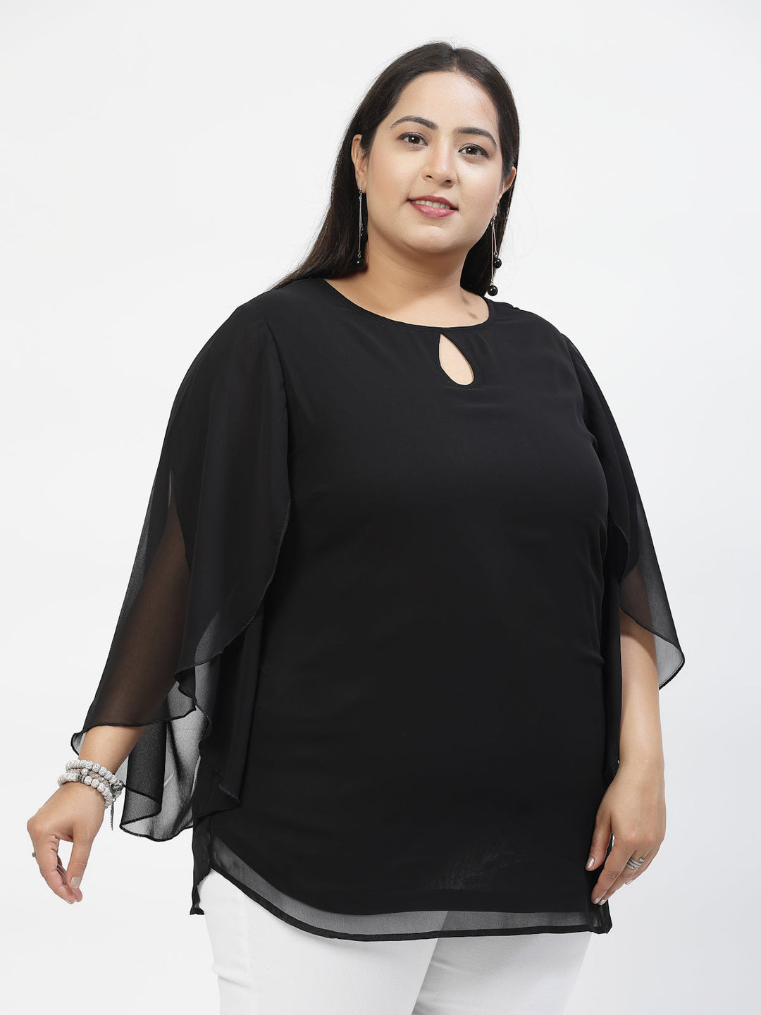 Plus Size Black  Mandarin Collar Long Sleeves Longline Tops
