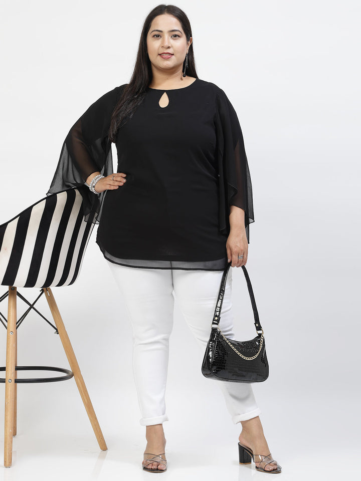 Plus Size Black  Mandarin Collar Long Sleeves Longline Tops