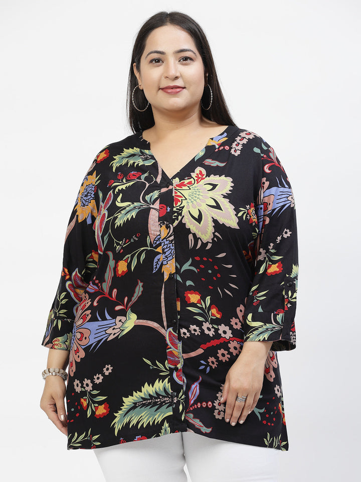 Plus Size Floral Print Bell Sleeve Top