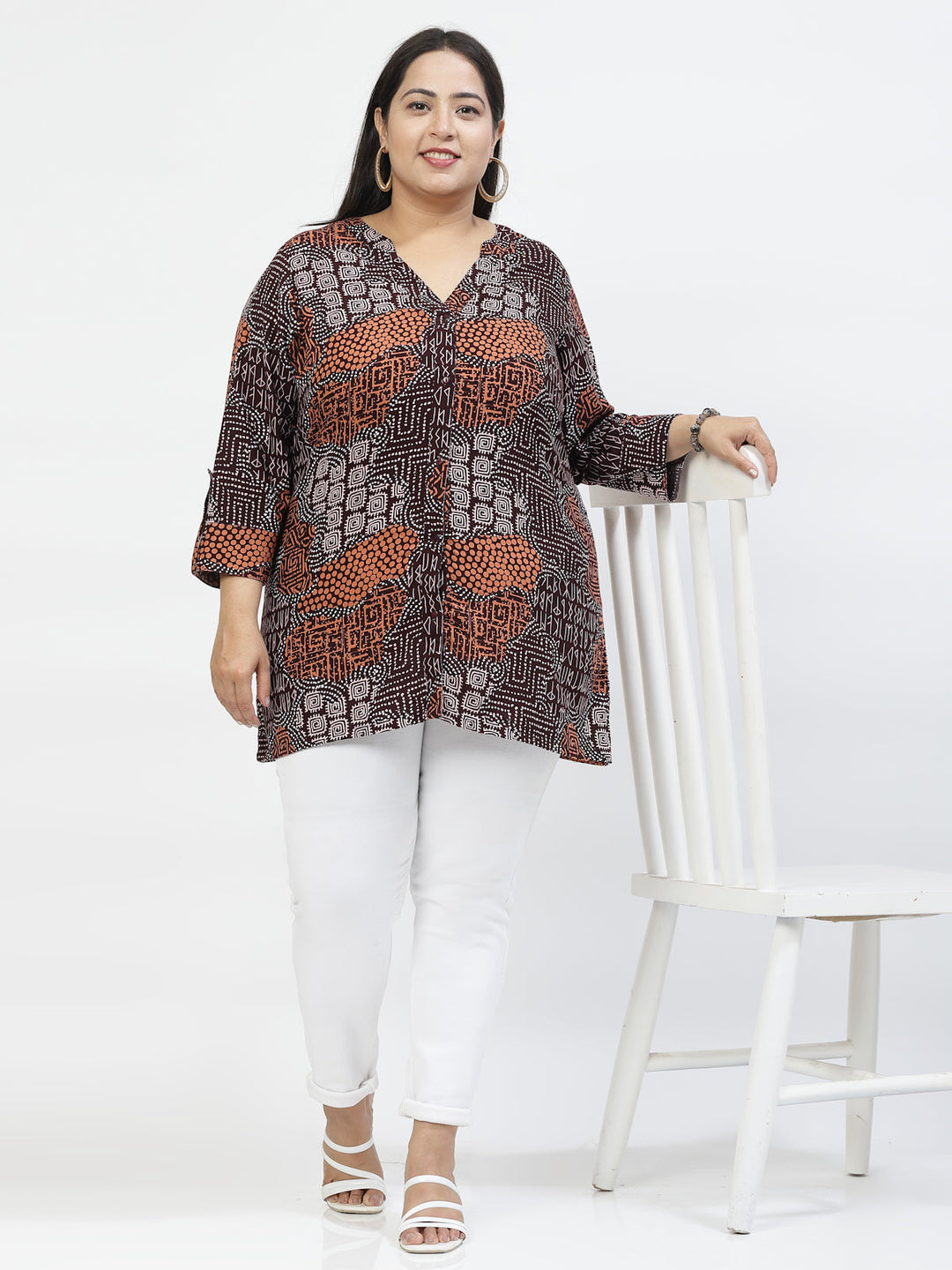 Plus Size Print Mandarin Collar Top