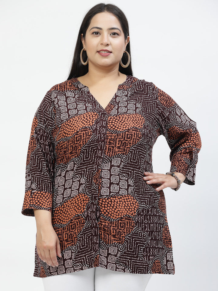 Plus Size Print Mandarin Collar Top