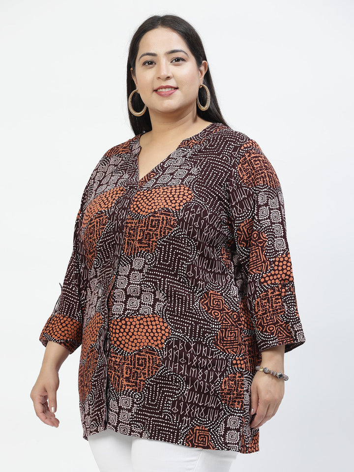 Plus Size Print Mandarin Collar Top