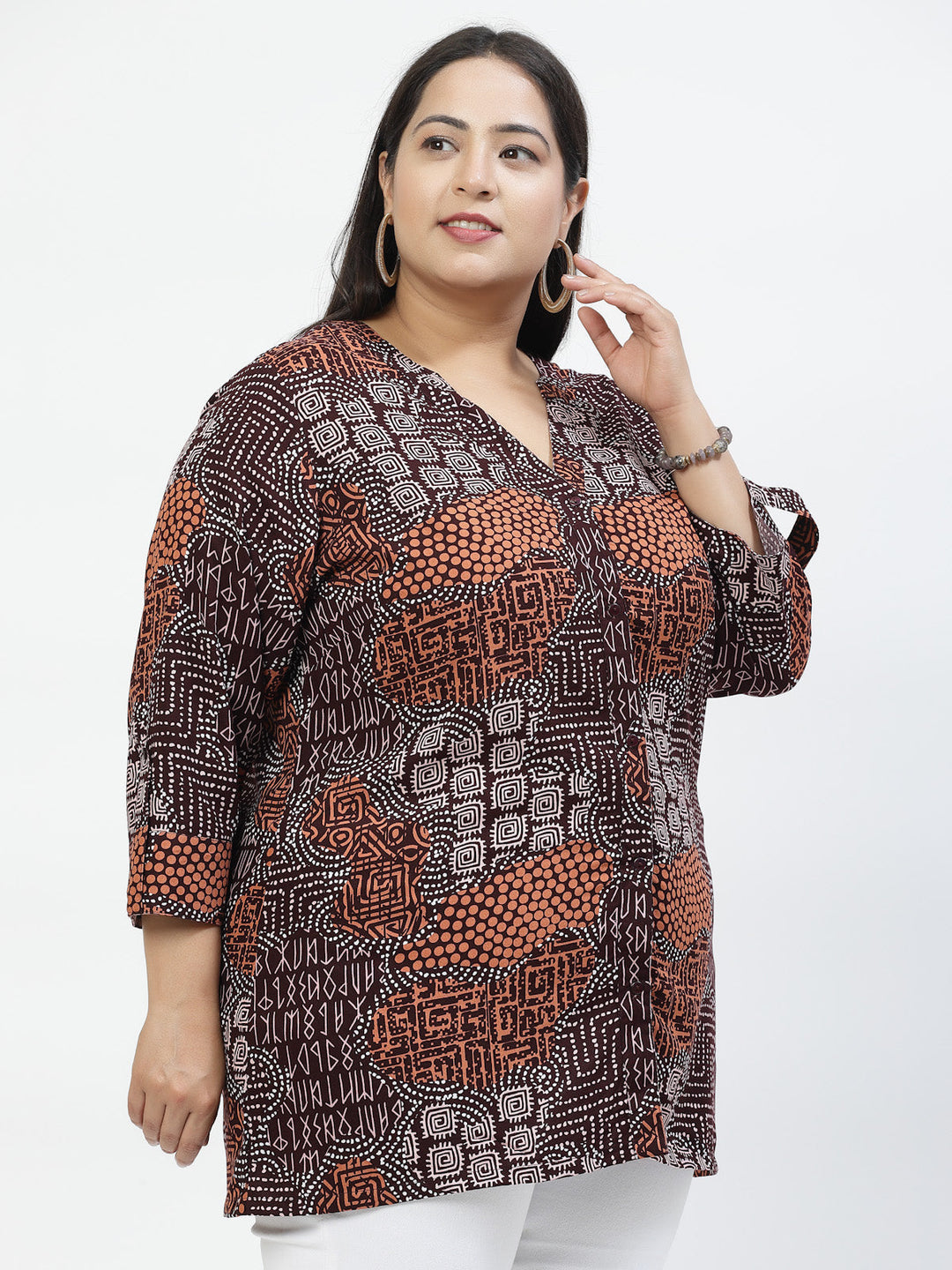 Plus Size Print Mandarin Collar Top