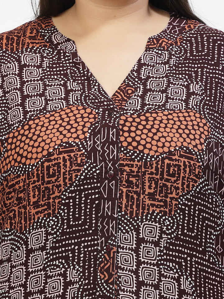 Plus Size Print Mandarin Collar Top