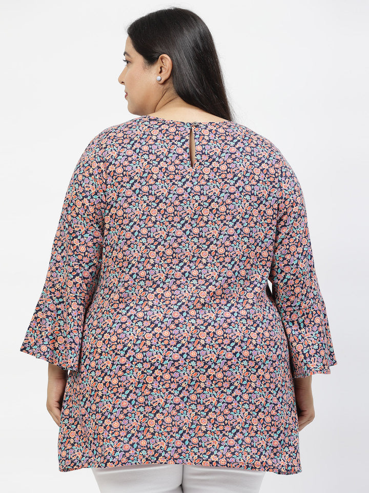 Plus Size Floral Print Flared Sleeve Top