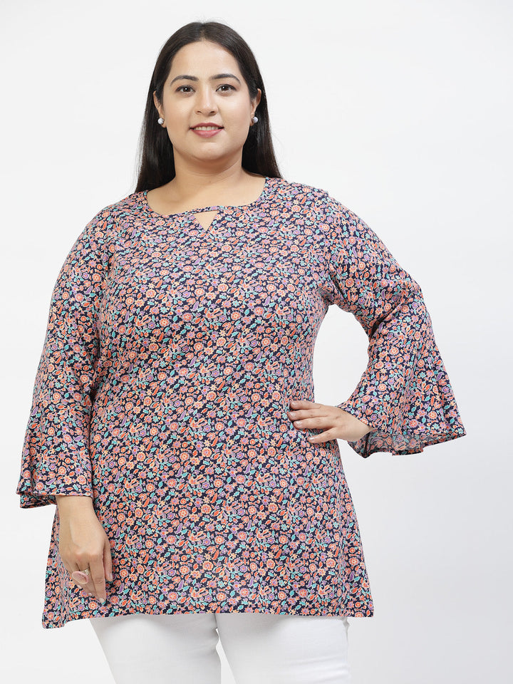 Plus Size Floral Print Flared Sleeve Top
