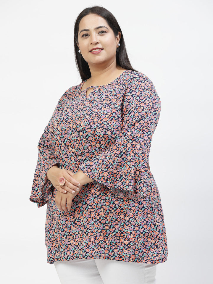 Plus Size Floral Print Flared Sleeve Top