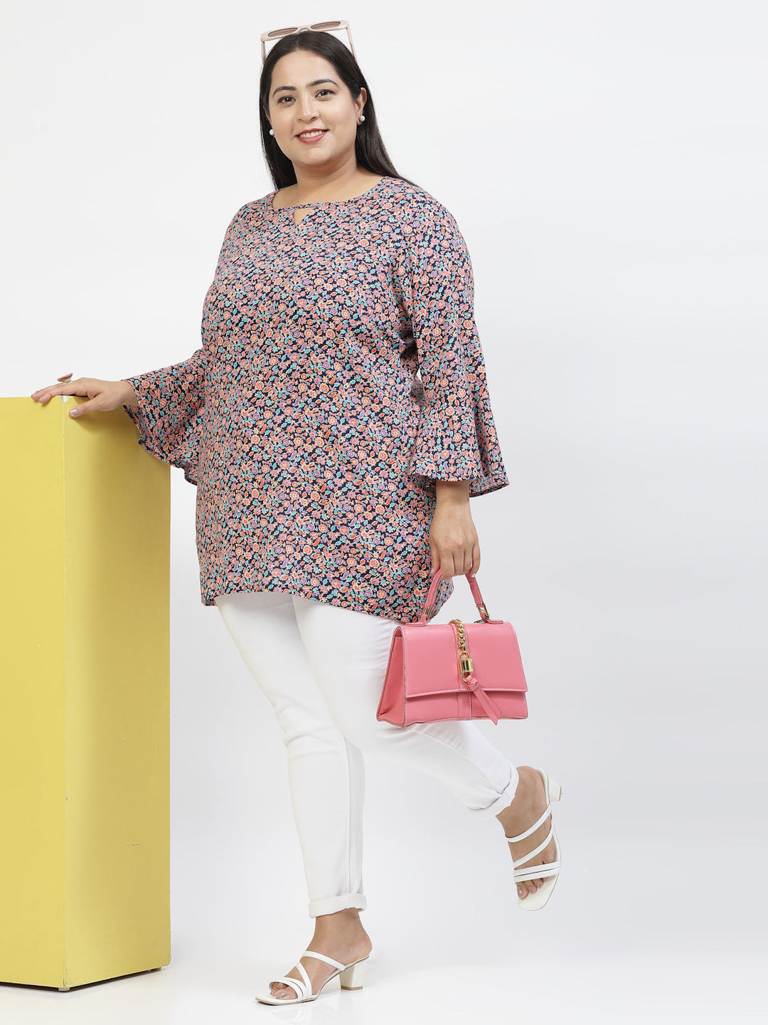 Plus Size Floral Print Flared Sleeve Top