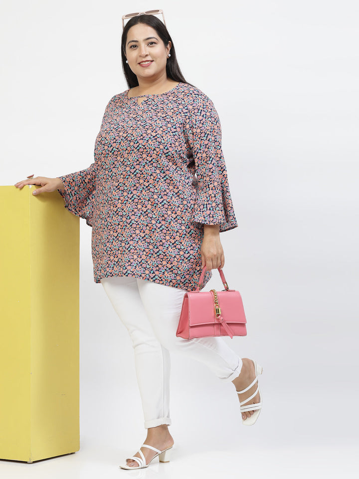 Plus Size Floral Print Flared Sleeve Top