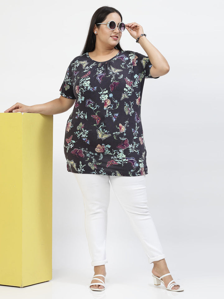 Plus Size Women Floral Printed Extended Sleeves Pockets T-shirt