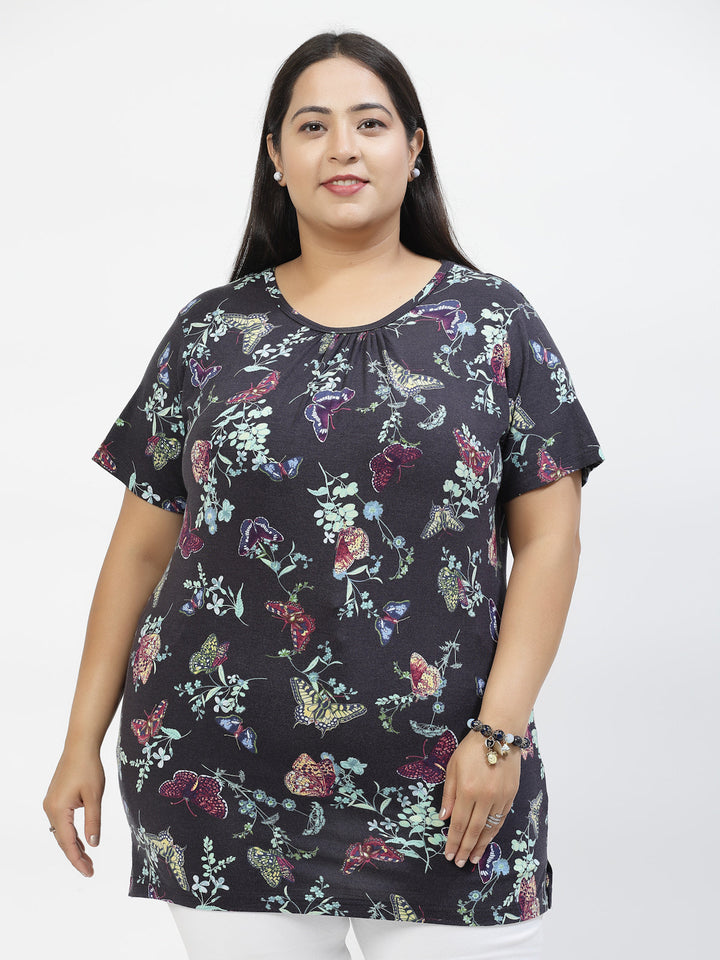 Plus Size Women Floral Printed Extended Sleeves Pockets T-shirt