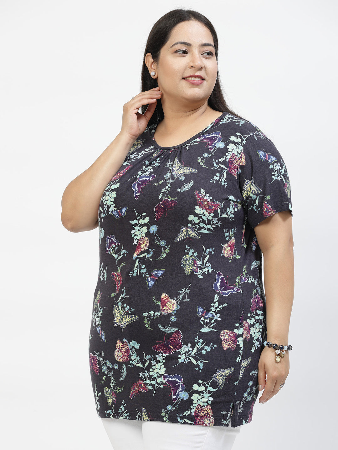 Plus Size Women Floral Printed Extended Sleeves Pockets T-shirt
