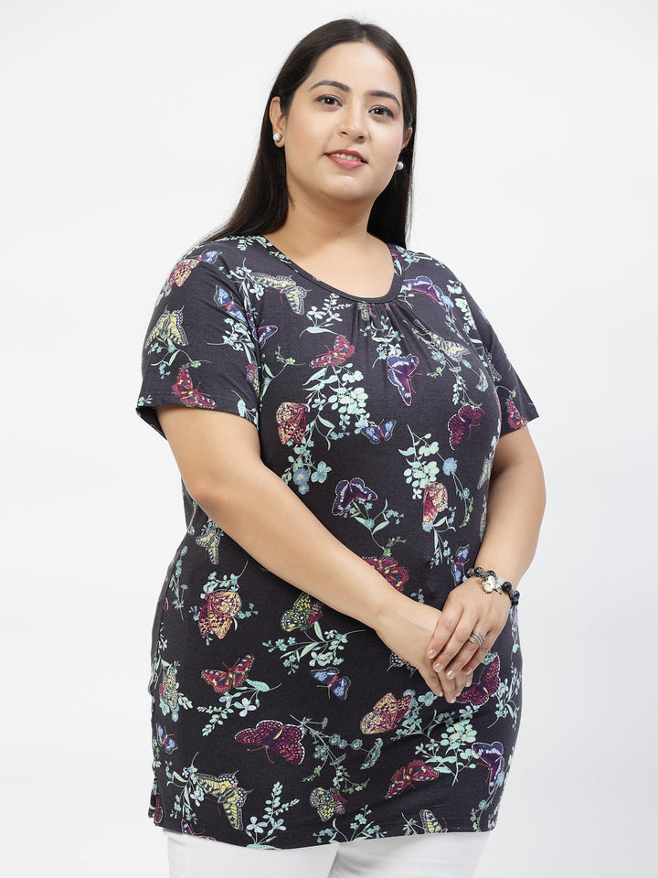 Plus Size Women Floral Printed Extended Sleeves Pockets T-shirt